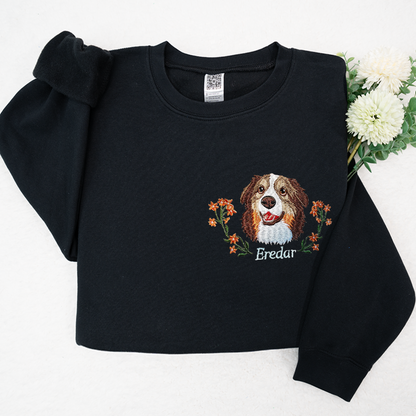Custom Dog Portrait Embroidered Sweatshirt, Personalized Pet Face and Pet name Sweatshirt