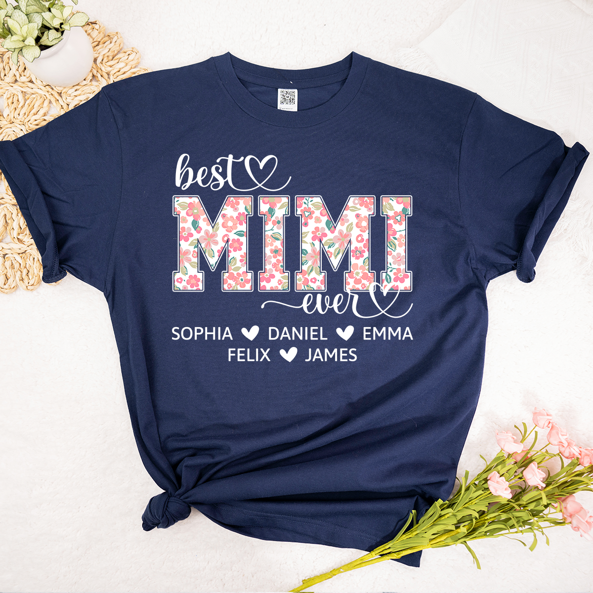 Best Mimi Ever Personalized T Shirt, Custom Floral Design with Grandkids Names