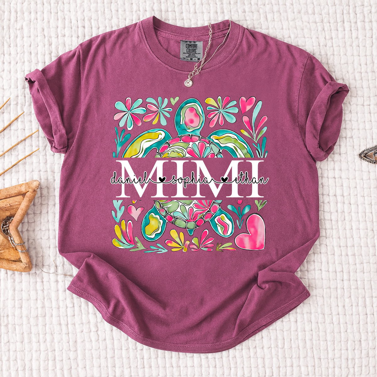 Comfort Colors Personalized Mimi Sea Turtle Shirt, Custom Grandma T Shirt with Grandkids Names, Coastal Family Gift for Mimi Nana Gigi