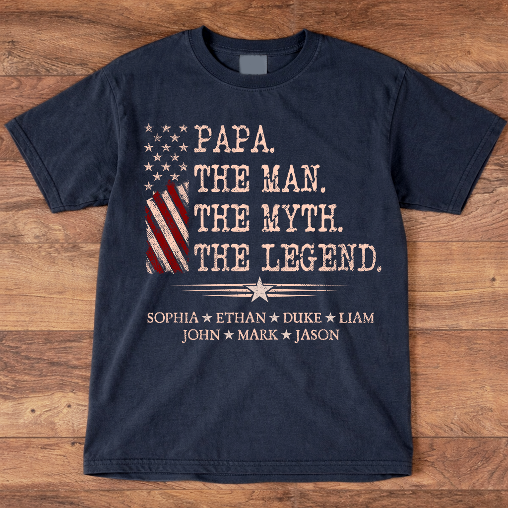 Papa The Man The Myth The Legend Shirt, Personalized Papa T-Shirt with Kids Names Patriotic American Flag Design
