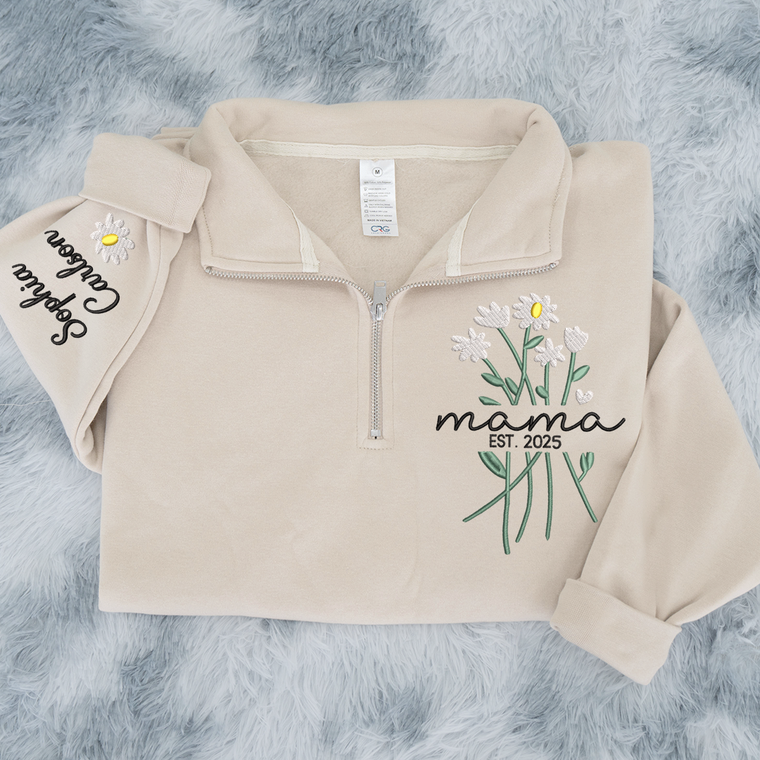 Custom Embroidered Mama Sweatshirt – Quarter Zip Floral Pullover for Mom