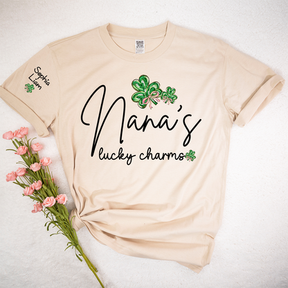 Nana’s Lucky Charms Shirt Personalized Grandma Name Tee with Shamrock Design St Patrick Theme Gift for Nana