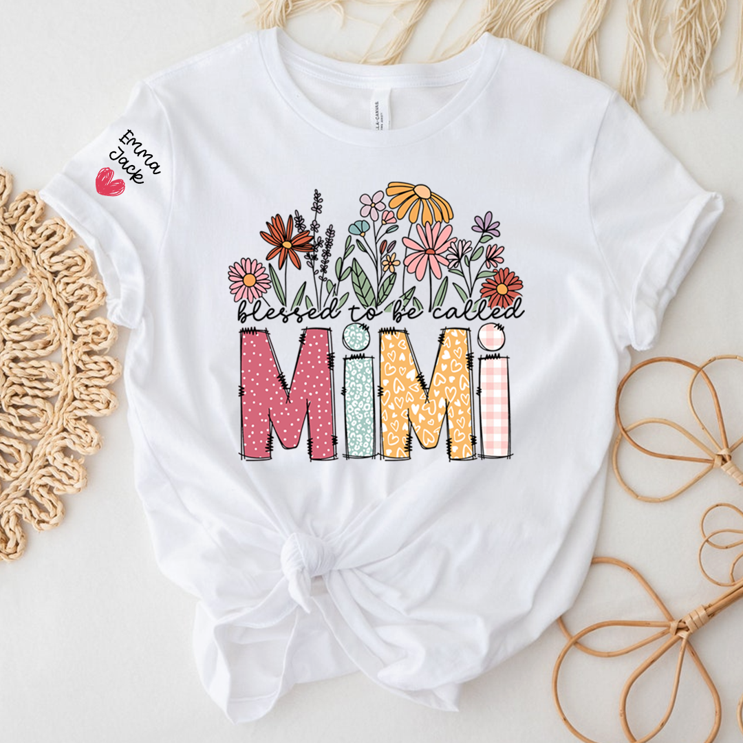 Blessed to Be Called Mimi Shirt Personalized with Grandkids Names, Floral Design