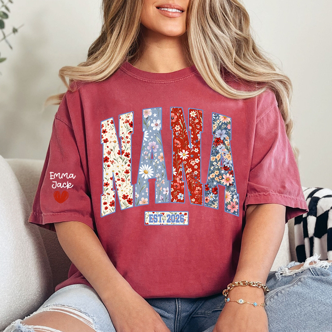 Personalized Nana 4th July Independence Day American, Floral American FlagT-Shirt, Patriotic Gift For Grandma And Kids