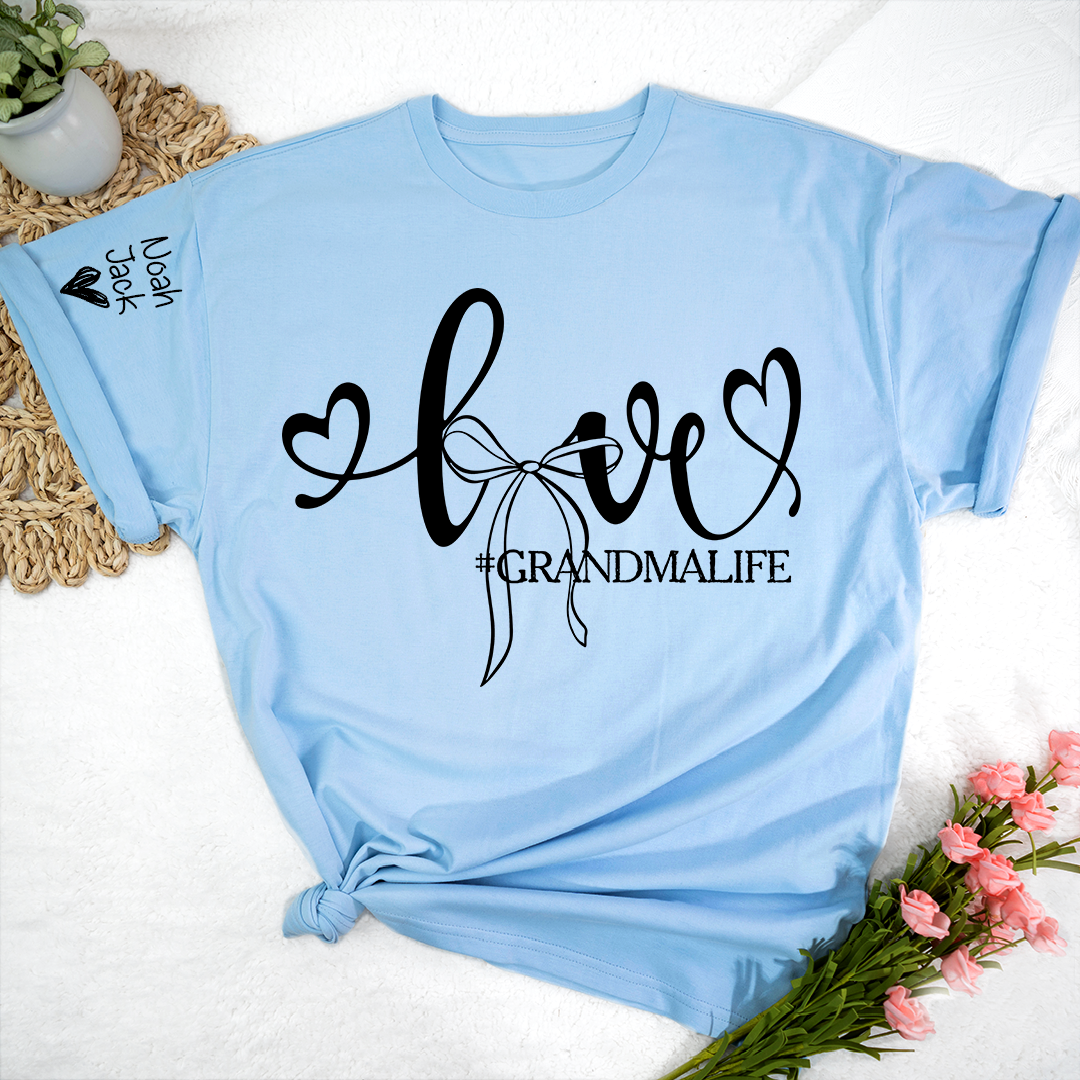 Personalized Grandma Life T-Shirt, Custom Name Graphic Tee with Love and Bow Design