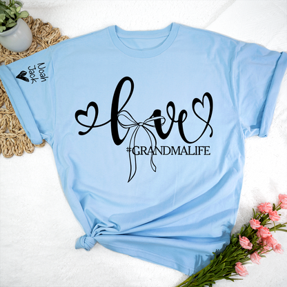 Personalized Grandma Life T-Shirt, Custom Name Graphic Tee with Love and Bow Design