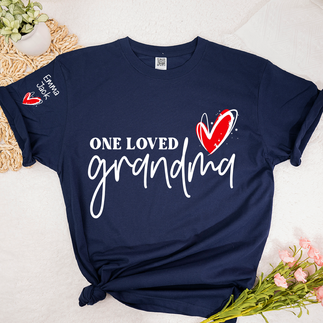 One Loved Grandma T-Shirt, Personalized Grandma T-Shirt with Heart Design and Custom Name