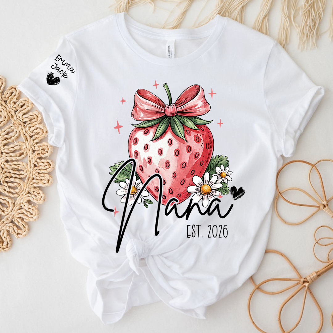 Mimi Strawberry Shirt, Cute Bow Floral Graphic Tee, Personalized Grandma T Shirt, Gift for Mimi from Family