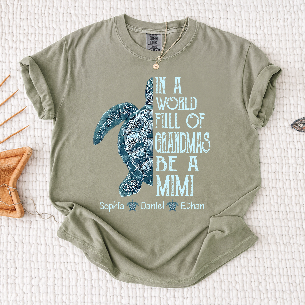 Comfort Colors Personalized Mimi Turtle Shirt, Custom Grandkids Names Sea Turtle Grandma T-Shirt, In a World Full of Grandmas Be a Mimi Gift