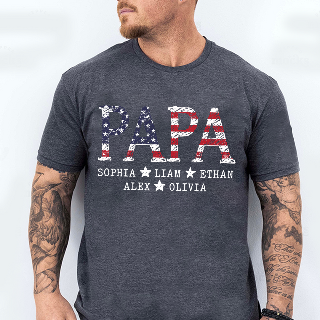 Personalized Papa 4th July Independence Day American Flag T-Shirt, Patriotic gift for grandpa And Kids