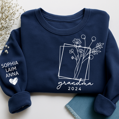 Fall Floral Design Sweatshirt with Flowers, Custom Nickname Grandma And Kids