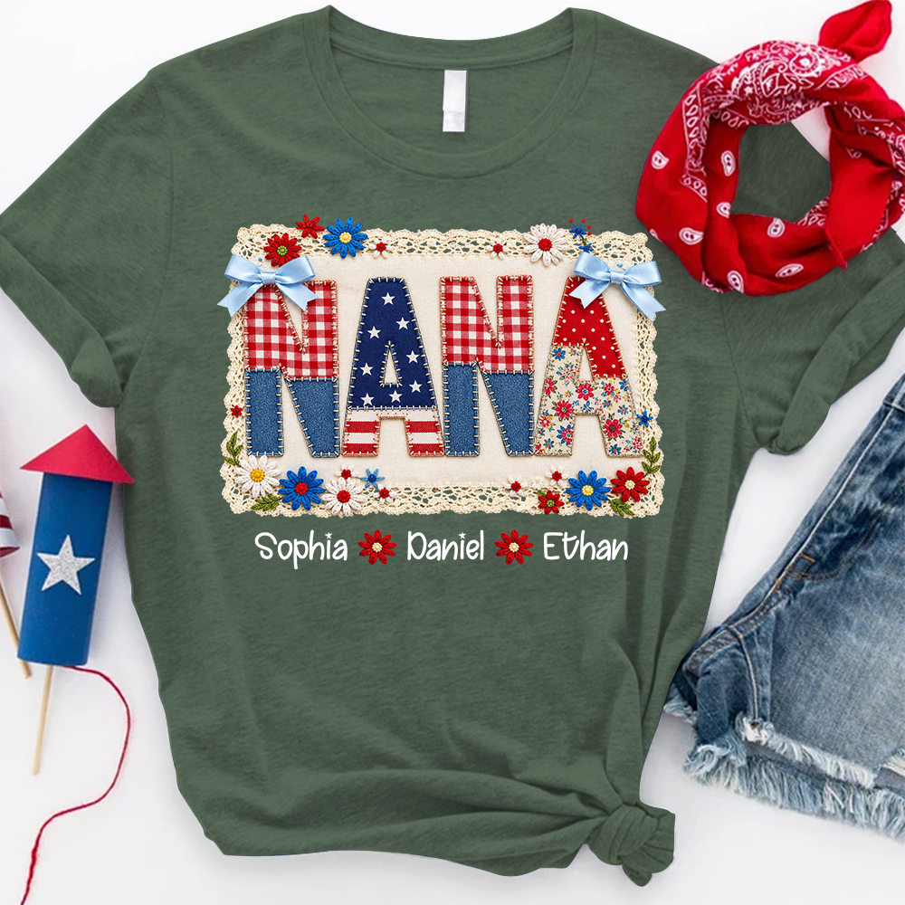 Personalized Nana Shirt, Patchwork Patriotic Design, Custom Kids Names, Independence Day T Shirt, Fourth of July Family Outfit