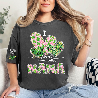 I Love Being Called Nana Shirt, St Patrick’s Day Floral Heart Family T Shirt, Gift For Grandma And Kids