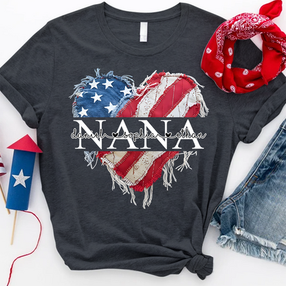 Personalized Nana T Shirt, Custom American Flag Heart Design with Family Names, Patriotic Gift for Nana