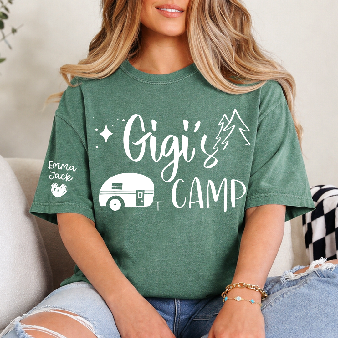 Gigi's Camp Shirt Personalized with Grandkids Names, Funny Camping Grandma Tee, Camper Trailer Graphic T Shirt