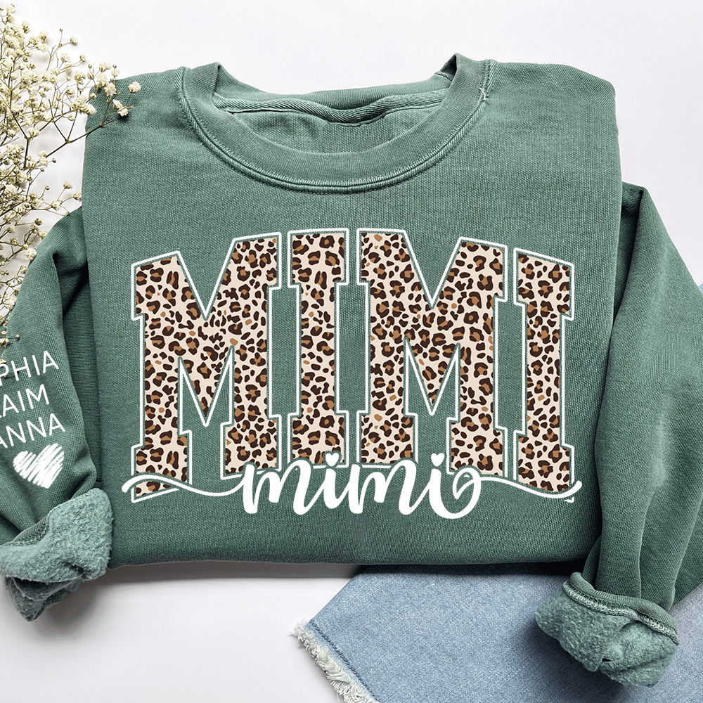 Personalized Mimi Leopard Print Sweatshirt, Custom Grandkids’ Names on Sleeve, Heart Detail