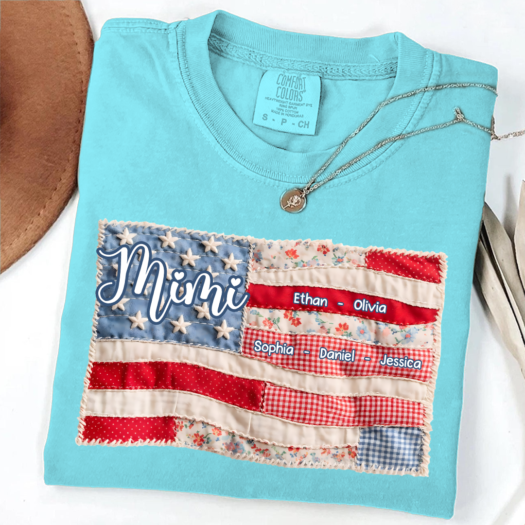 Comfort Colors Personalized Mimi Shirt with Family Names, Custom American Flag Design, Ideal Gift for Grandmother