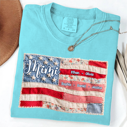 Comfort Colors Personalized Mimi Shirt with Family Names, Custom American Flag Design, Ideal Gift for Grandmother