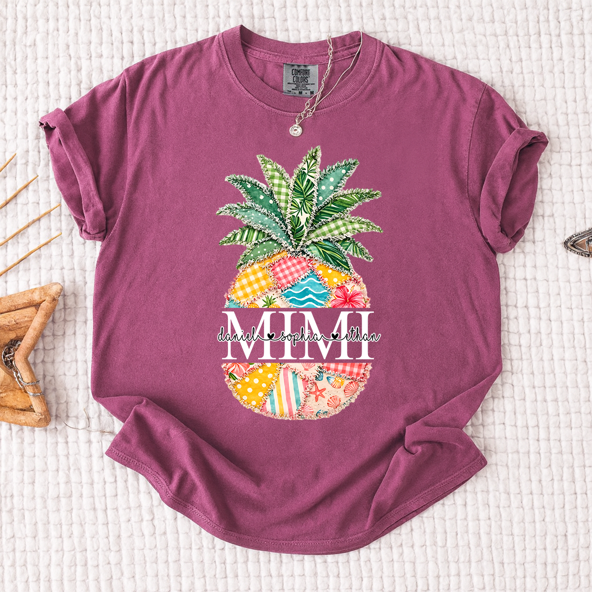 Comfort Colors Custom Mimi Pineapple Patchwork Shirt, Personalized Grandma Beach Tee with Grandchildren Names, Summer Family Gift