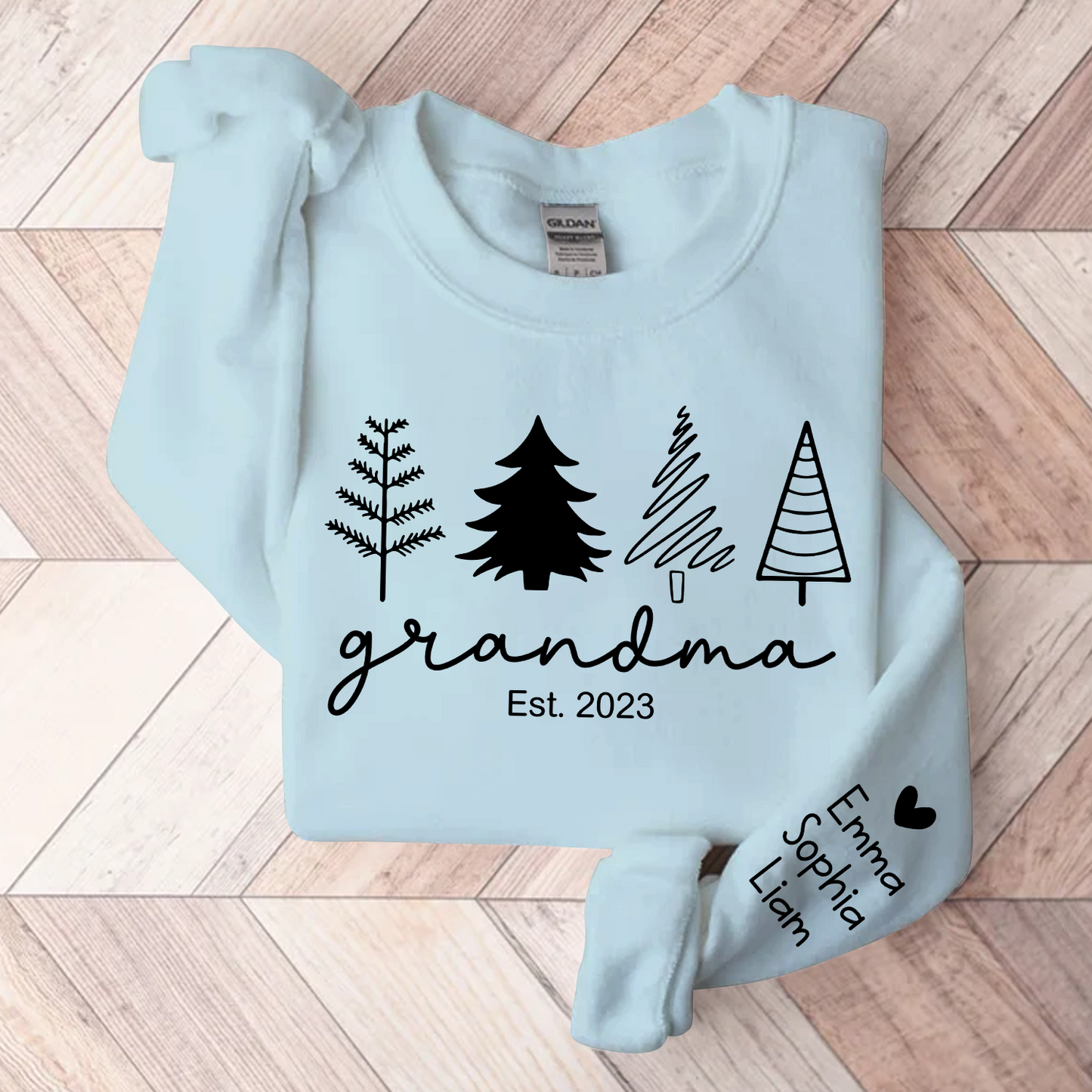 Christmas Tree Sweatshirt, Custom Grandma Est & Kids, Grandma Gift TH Sweatshirt