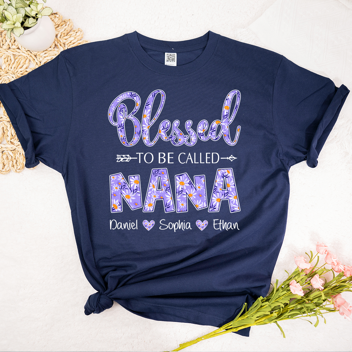 Blessed to Be Called Nana Shirt, Personalized Grandma T Shirt with Grandkids Names, Purple Floral Design