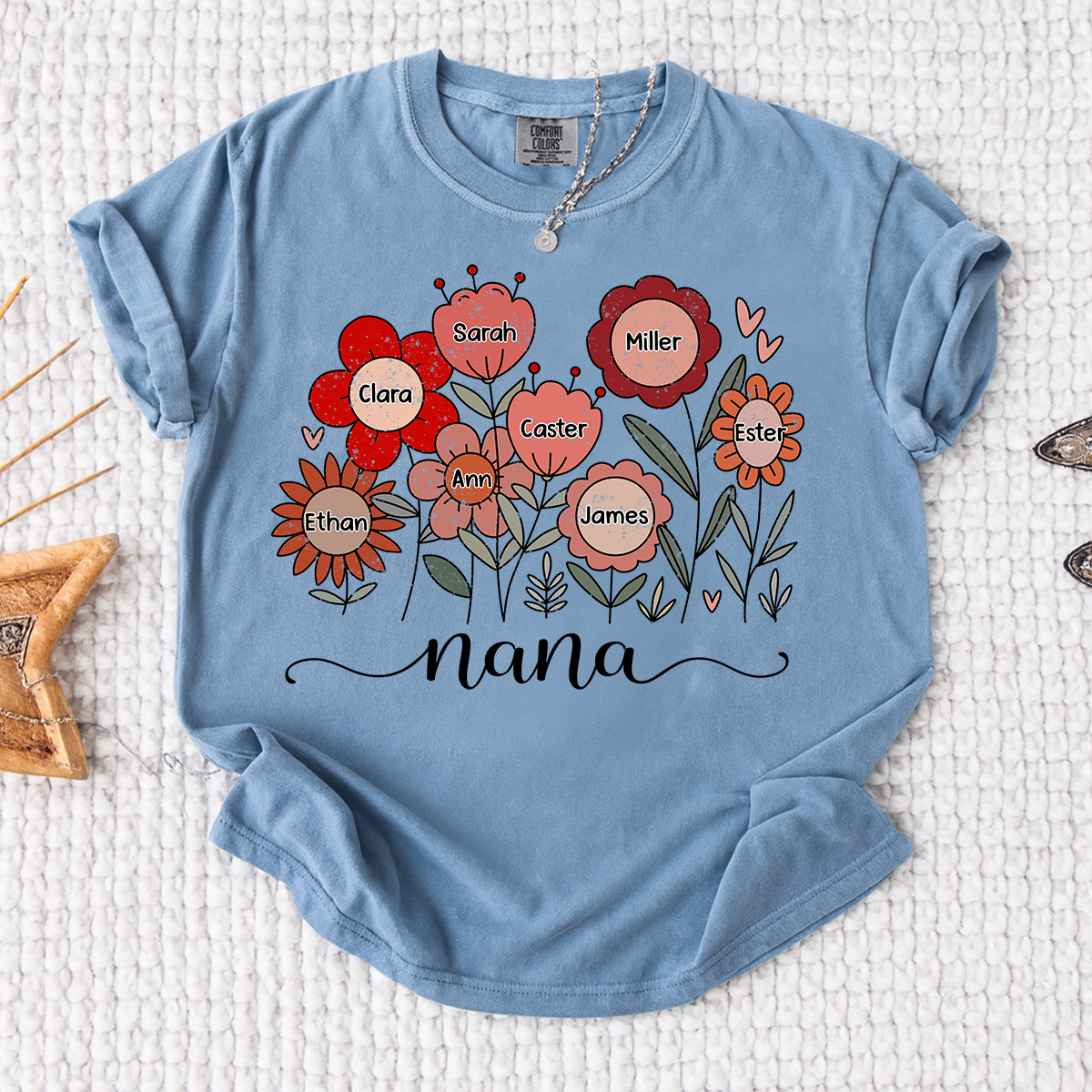 Comfort Colors Personalized Nana T Shirt, Custom Family Floral Design with Kids Names, Perfect Gift for Grandma