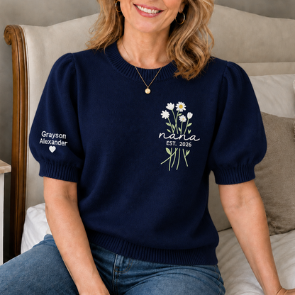 Custom Embroidered Knit Nana Sweater – Personalized Floral EST. 2026 Crewneck with Sleeve Name
