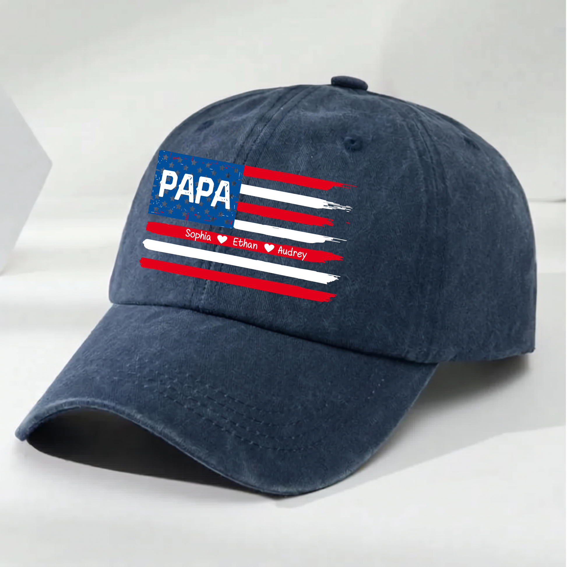 Personalized Papa American Flag Hat Custom Kids Names Baseball Cap Gift For Dad Grandpa Father’s Day Patriotic Adjustable Navy Blue Cap