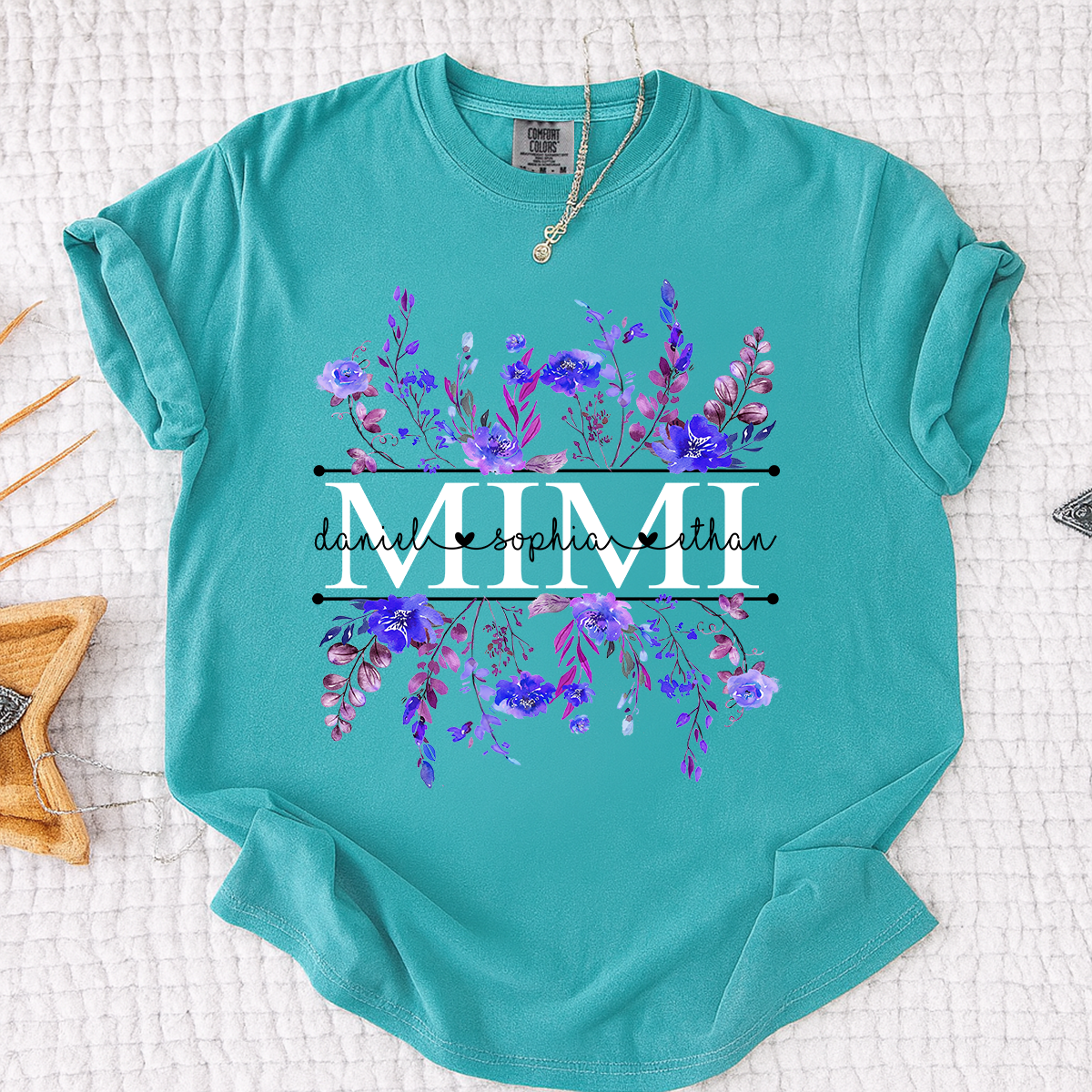Comfort Colors Personalized Mimi Shirt with Purple Wildflower Design – Custom Grandma Gift with Grandkids Names