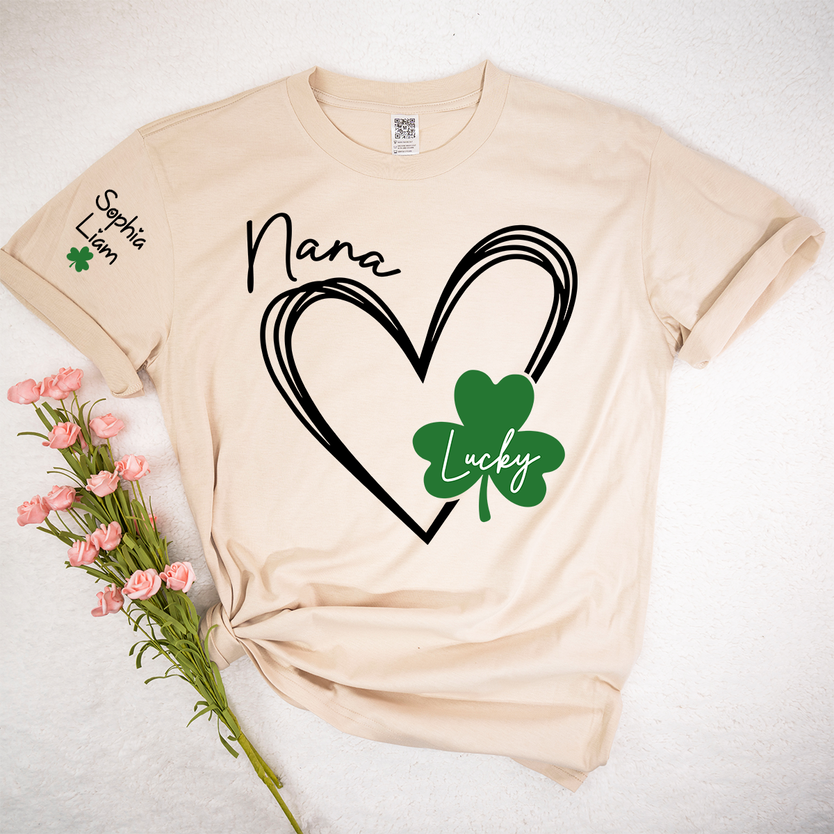 Nana Lucky Shamrock Heart T Shirt Personalized with Kids Names, Custom Grandma Shirt for St Patrick’s Day Celebration, Family Matching Green Clover Top