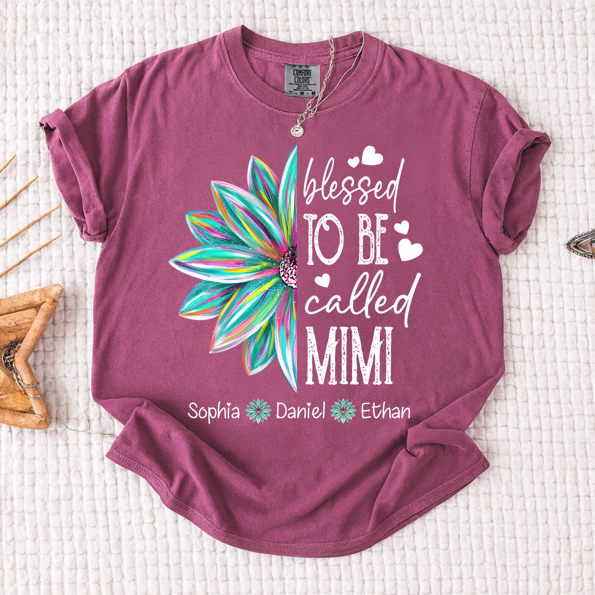 Comfort Colors Blessed To Be Called Mimi Colorful Flower T Shirt, Personalized Grandma Shirt with Kids' Names