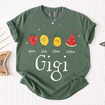 Comfort Colors® Personalized Gigi Shirt with Grandkids Names, Cute Fruit Family Grandma Tee, Custom Gigi Gift from Grandchildren, Summer Family Shirt