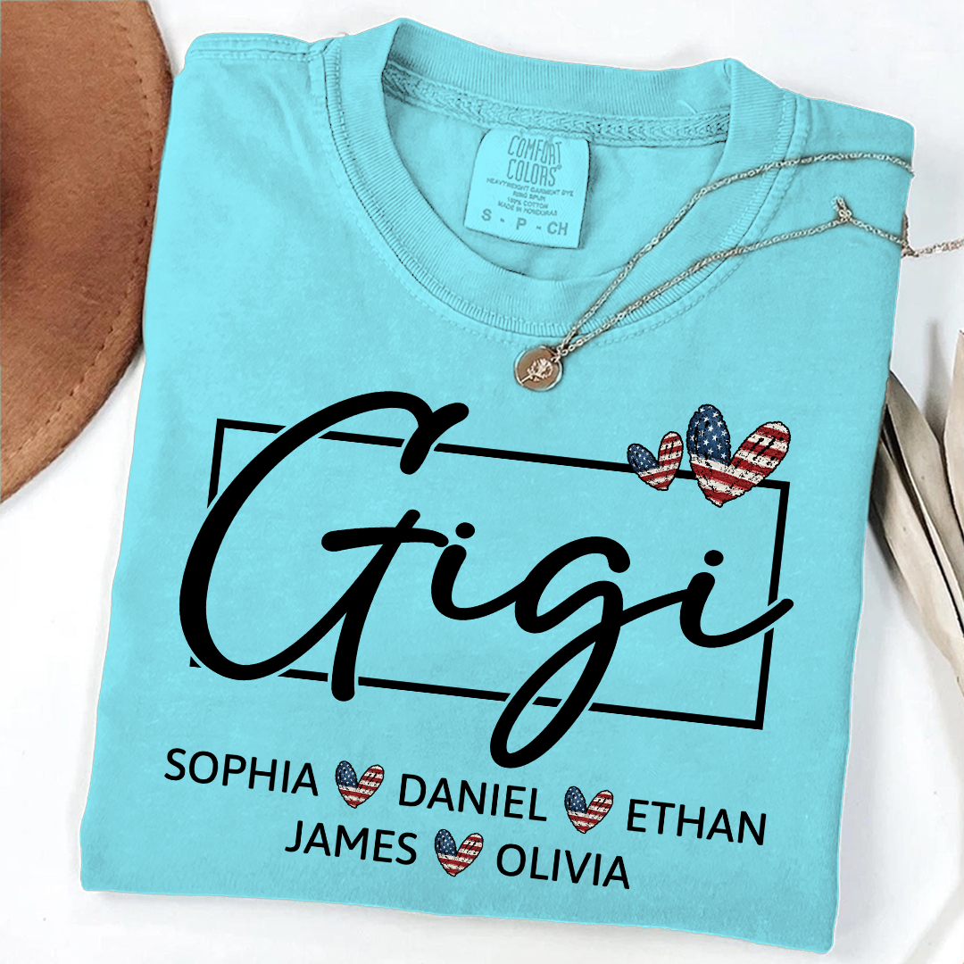 Comfort Colors Personalized Gigi Shirt with Children Names USA Flag Heart Graphic Custom Grandma Tee Stylish Script Design Family Gift Shirt