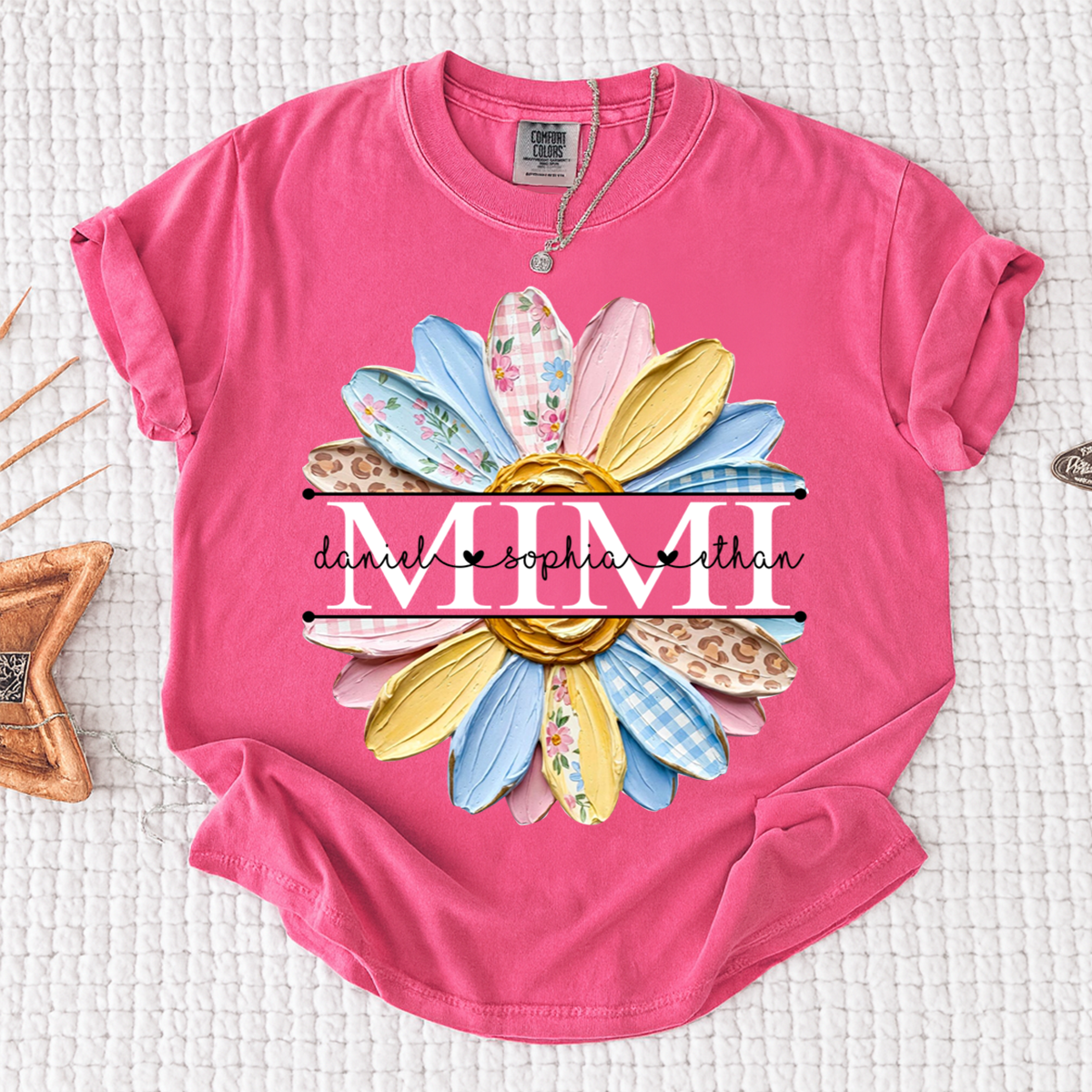 Comfort Mimi Floral Shirt, Custom Grandkids Names with Colorful Patchwork Daisy Design