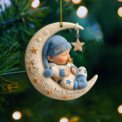 Personalized Baby’s 1st Christmas Ornament 2025 – Custom Name Sleeping Baby on Moon Ornament, Newborn Keepsake Gift for Boys & Girls Ornament