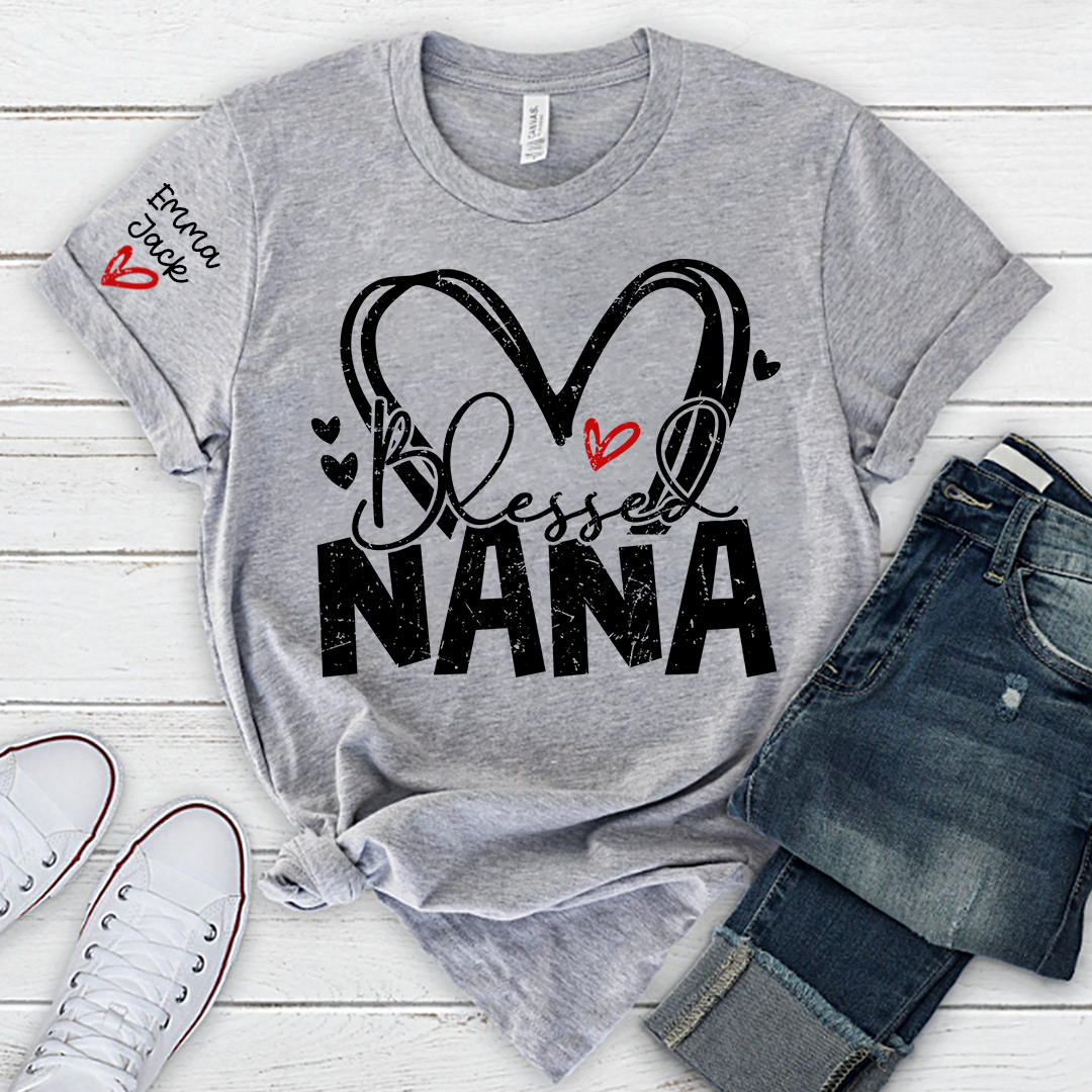 Blessed Nana Shirt, Personalized Family T Shirt with Custom Grandkids Names and Heart Design