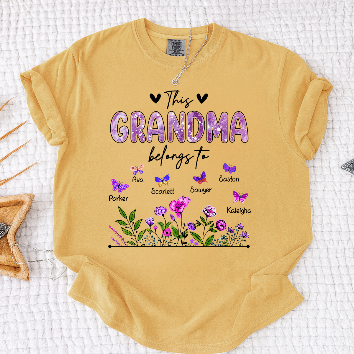Comfort Colors® This Grandma Belongs To Tee, Custom Grandma Shirt with Grandkids Names, Floral Garden Theme, Meaningful Family Apparel