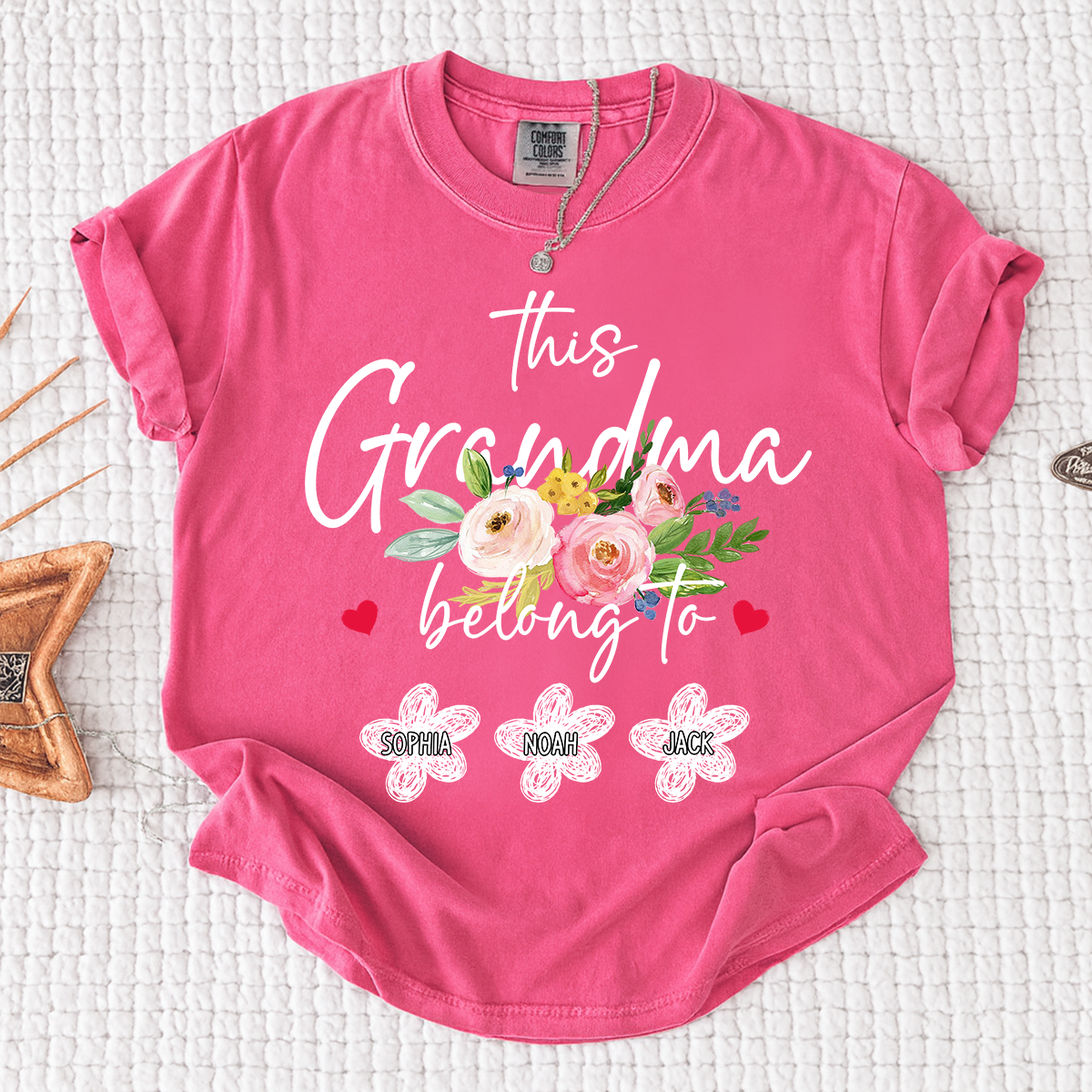 Comfort Colors Custom Grandma T-Shirt, This Grandma Belongs to Personalized with Kids Names and Flower Design