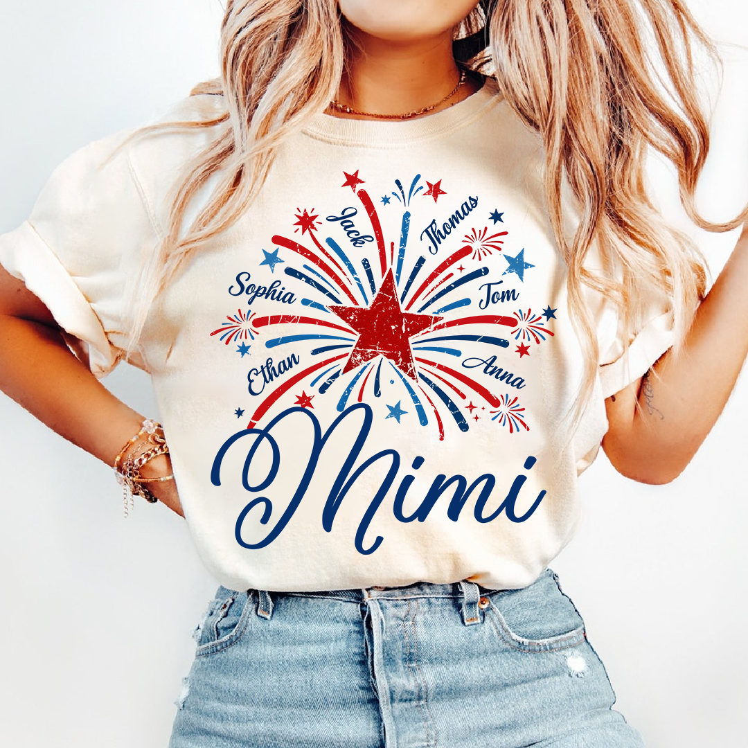 Mimi USA Fireworks Shirt, Custom Family Names for 4th of July or Independence Day Celebration