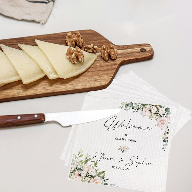 Personalized Floral Wedding Napkins , Custom Wedding Napkins , Cocktail Napkins , Save The Date , Dinner Bridal Shower Engagement Party