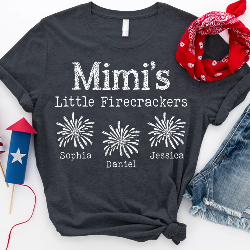 Mimi's Little Firecrackers Personalized T Shirt with Custom Kids' Names, Perfect for Independence Day