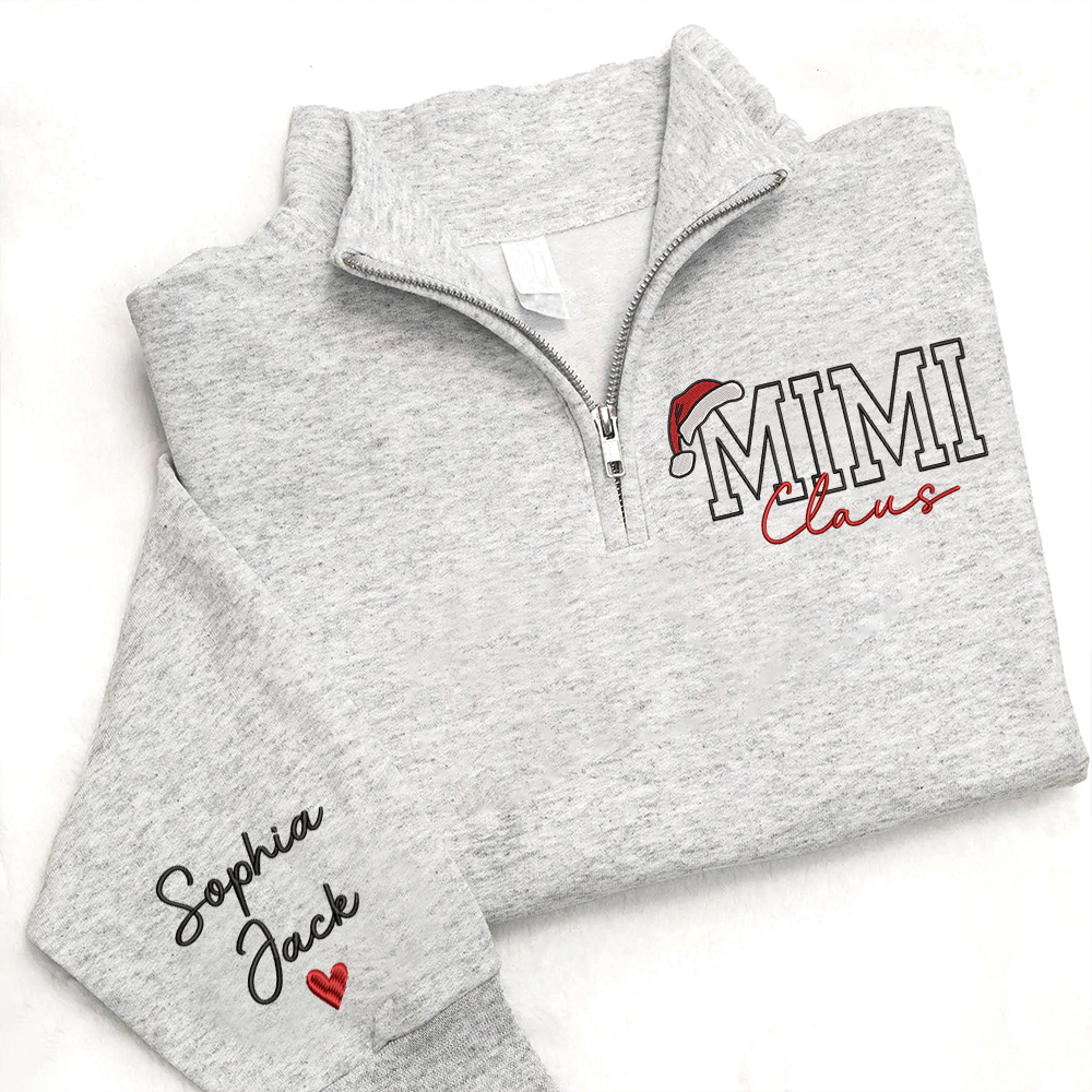 Personalized Christmas Mimi Claus Zip Sweatshirt – Custom Grandma Embroidered Gift With Kids Names On Sleeve