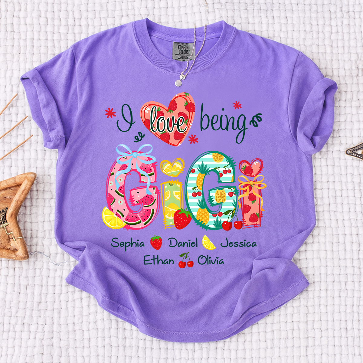 Comfort Colors I Love Being Gigi Shirt with Names, Personalized Fruit Pattern T-Shirt for Grandma, Summer Family Apparel