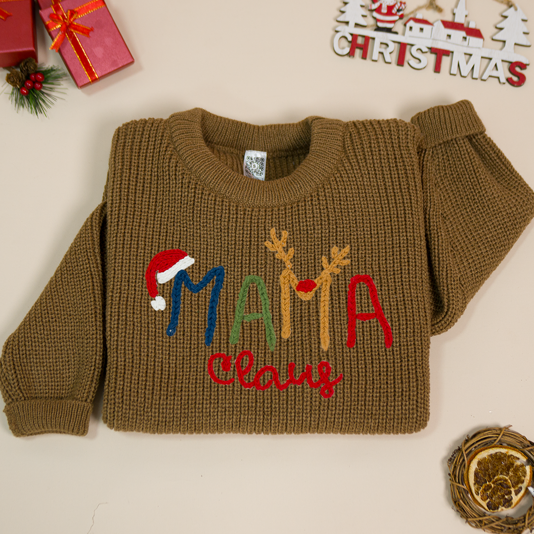 Custom Hand-Embroidered Christmas Knitted Sweater – Personalized Mama Claus Sweater with Festive Design