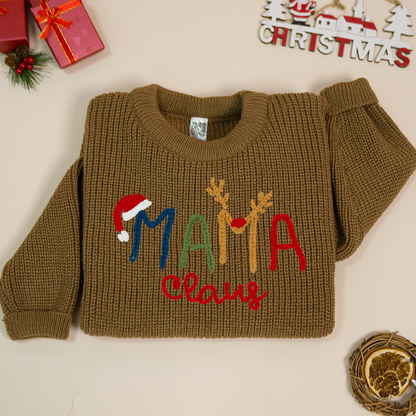 Custom Hand-Embroidered Christmas Knitted Sweater – Personalized Mama Claus Sweater with Festive Design
