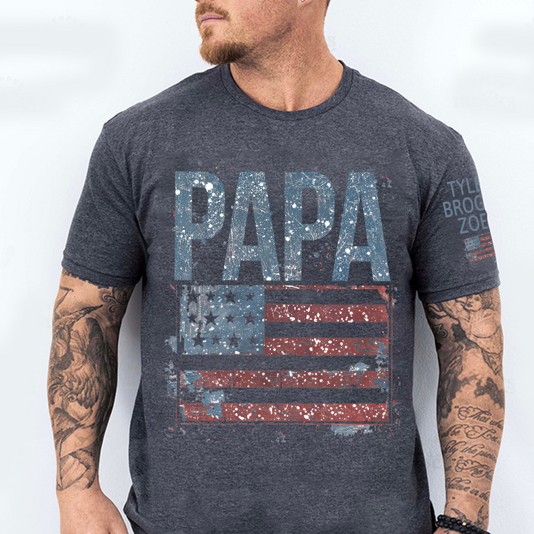 Custom American Flag Papa T-Shirt, Patriotic Papa Gift American Flag Tee