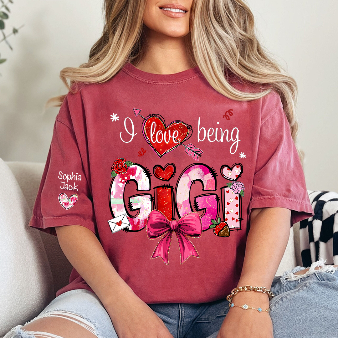 Personalized I Love Being A Nana Valentine's Day T-shirt Cute bows And Strawberries, Gifts for Grandma And Children