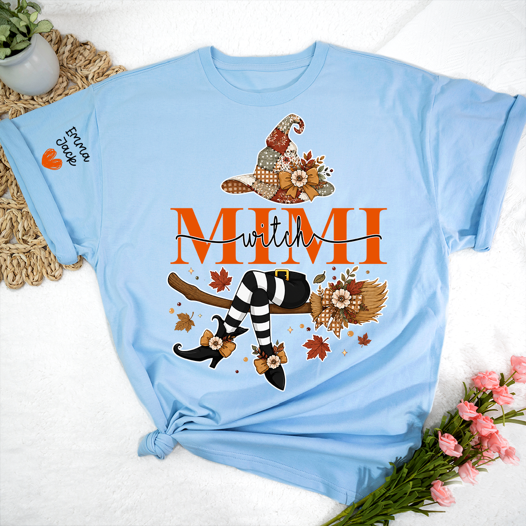 Funny Mimi Witch Shirt, Fall Halloween Grandma Graphic Tee, Personalized Family Names T Shirt, Cozy Autumn Gift for Mimi