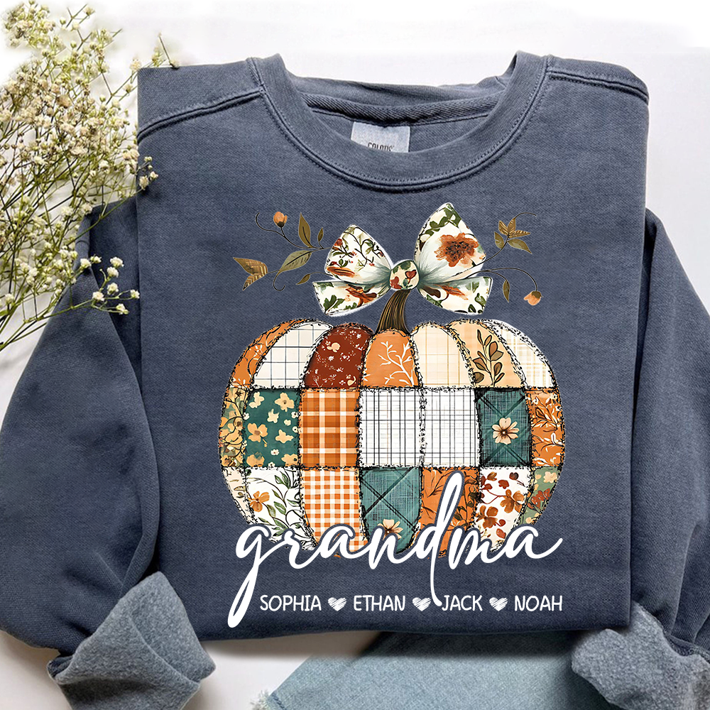 Vintage Patchwork Pumpkin Sweatshirt,  ustom Gifts for Grandma and Grandchild