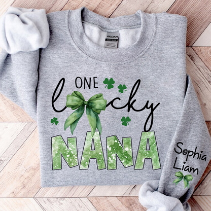One Lucky Nana Sweatshirt for St Patrick’s Day, Personalized Grandma Shamrock Clover Sweatshirt with Kids Names